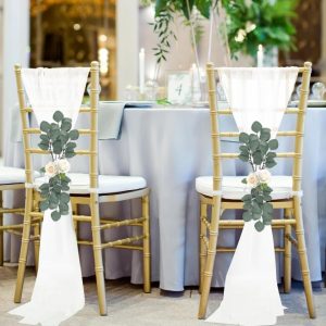 Chiffon White Chair Sashes and Artificial Green Eucalyptus Stems